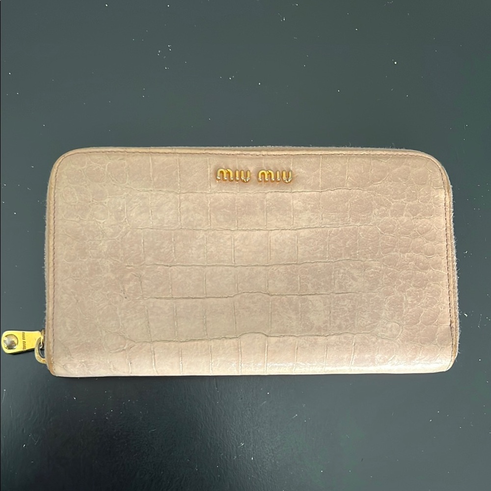 Miu Miu Croc-Embossed Beige Zip Wallet with Gold Hardware